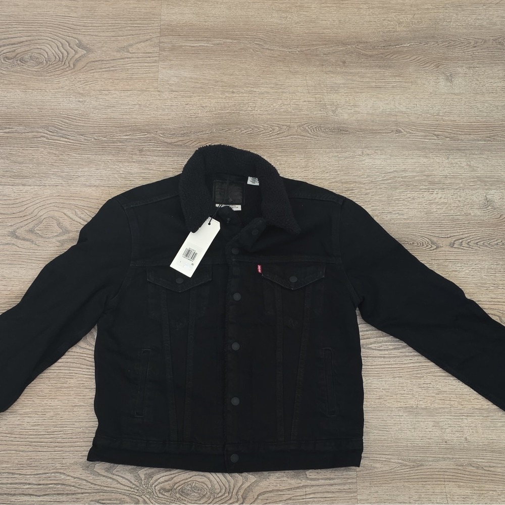 Levi's Premium Men's S Black Sherpa Lined Trucker Jacket Button Front Pockets